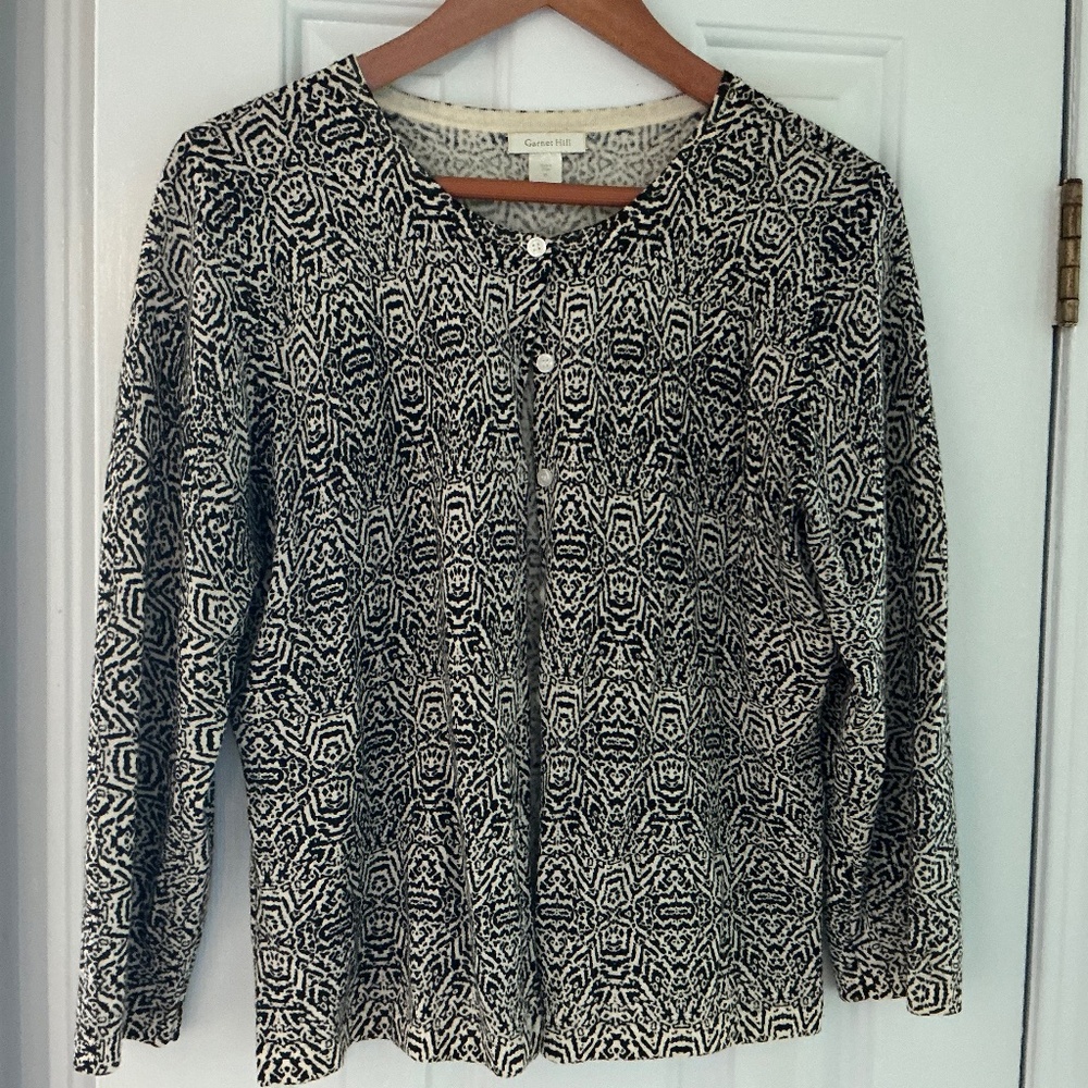 Garnet Hill Merino Wool Cardigan Black/Ivory XL